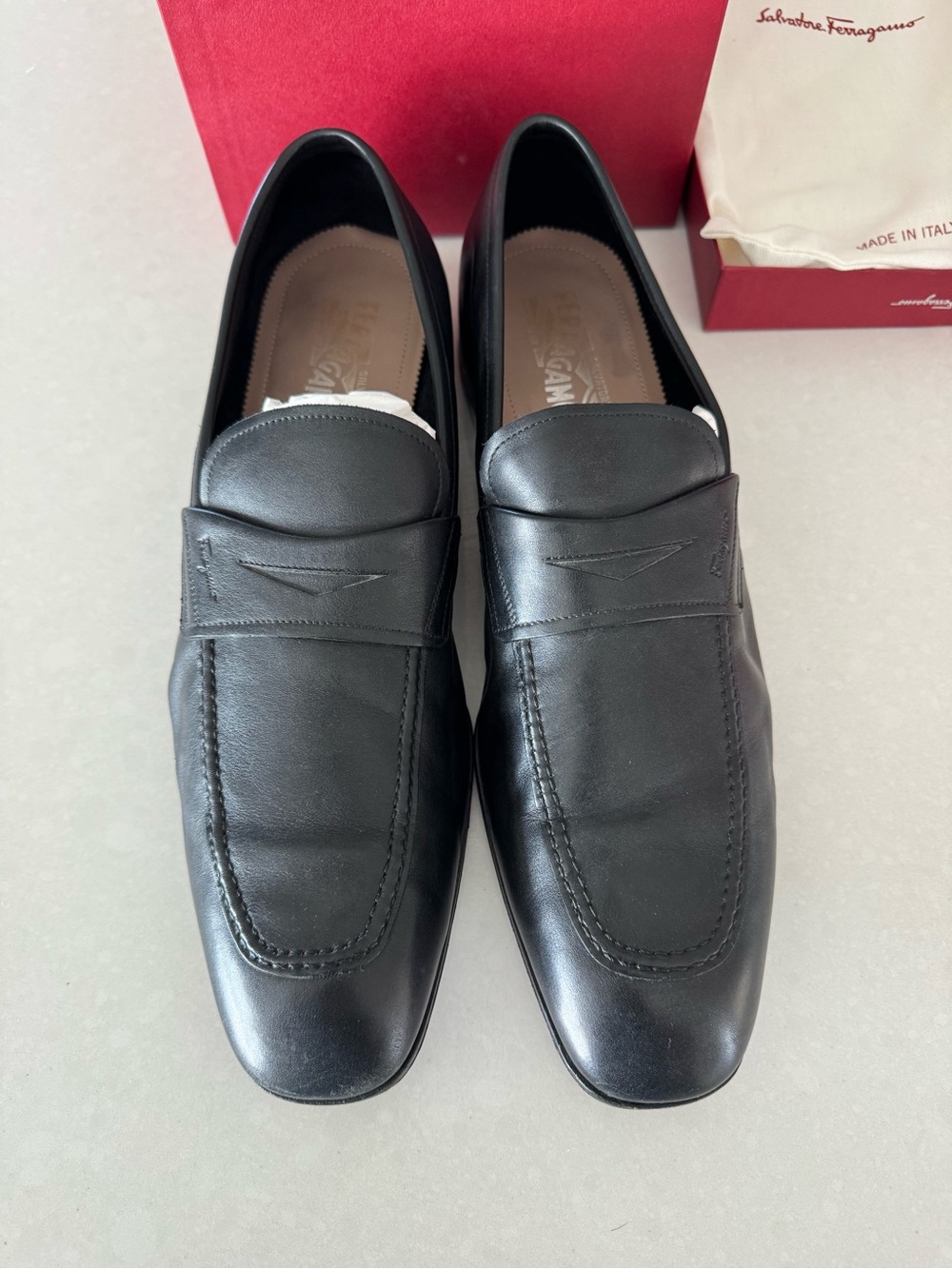 Salvatore Ferragamo Black Leather Slip-On Penny Loafers
